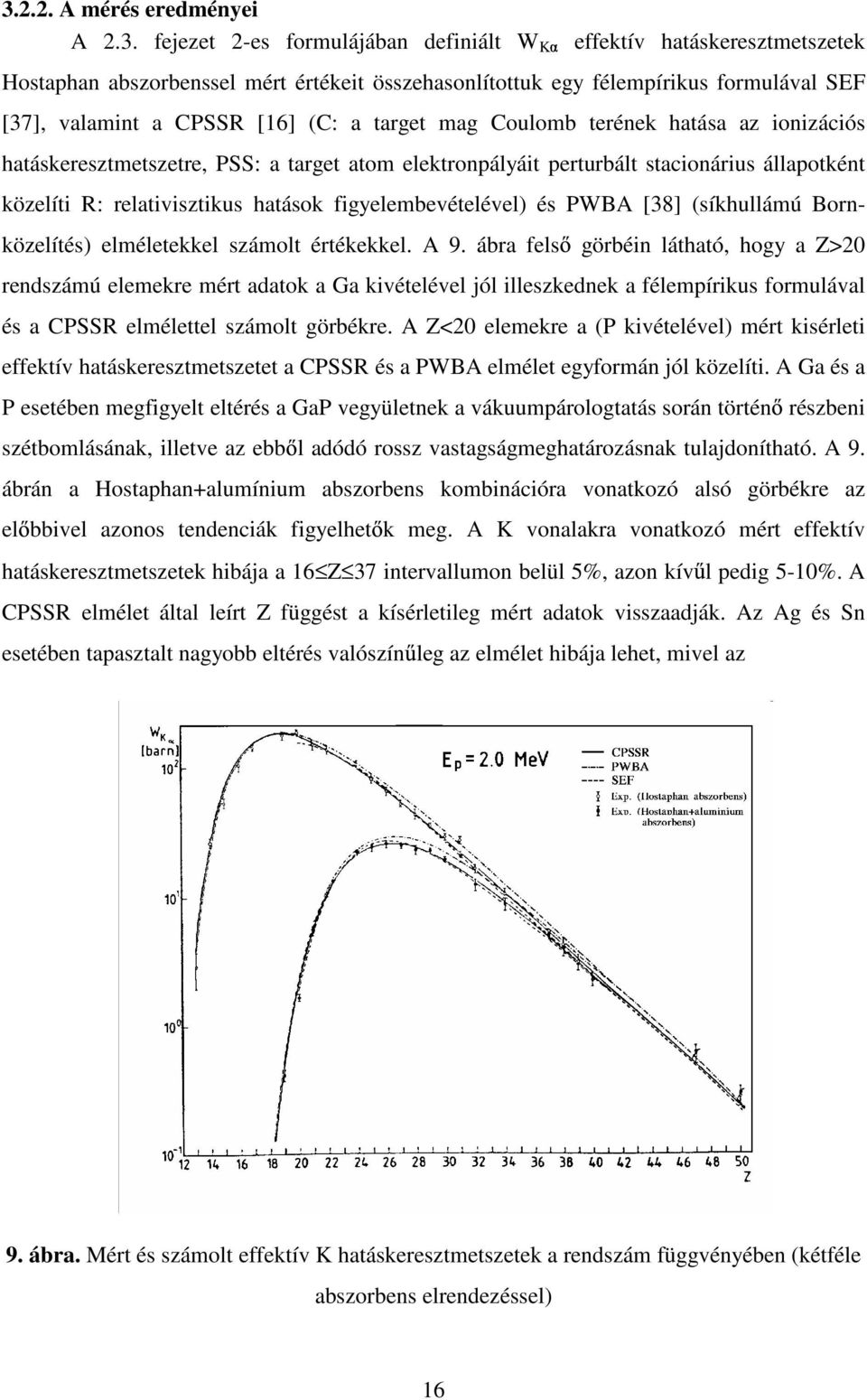 hatások figyelembevételével) és PWBA [38] (síkhullámú Bornközelítés) elméletekkel számolt értékekkel. A 9.