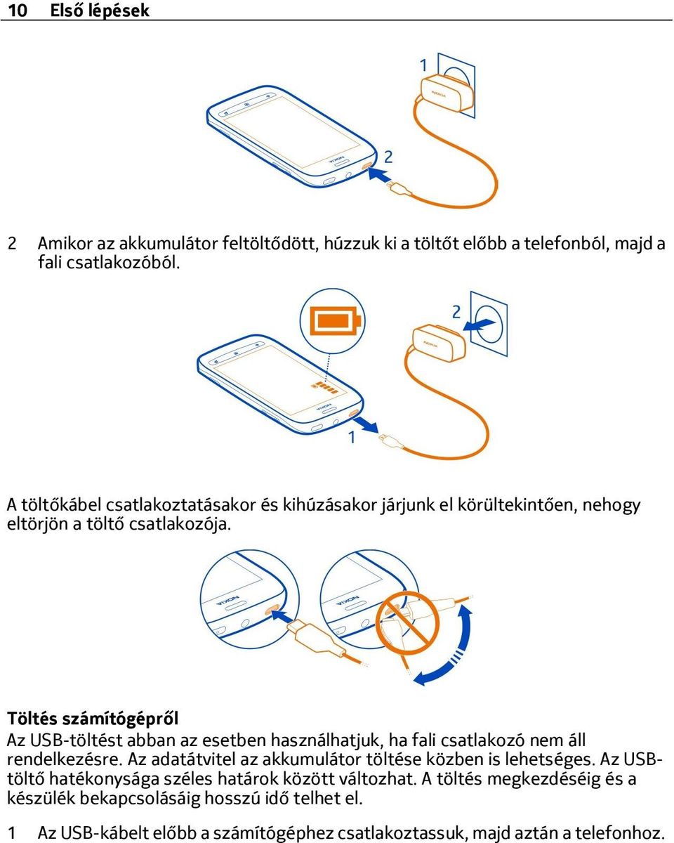 Töltés számítógépről Az USB-töltést abban az esetben használhatjuk, ha fali csatlakozó nem áll rendelkezésre.