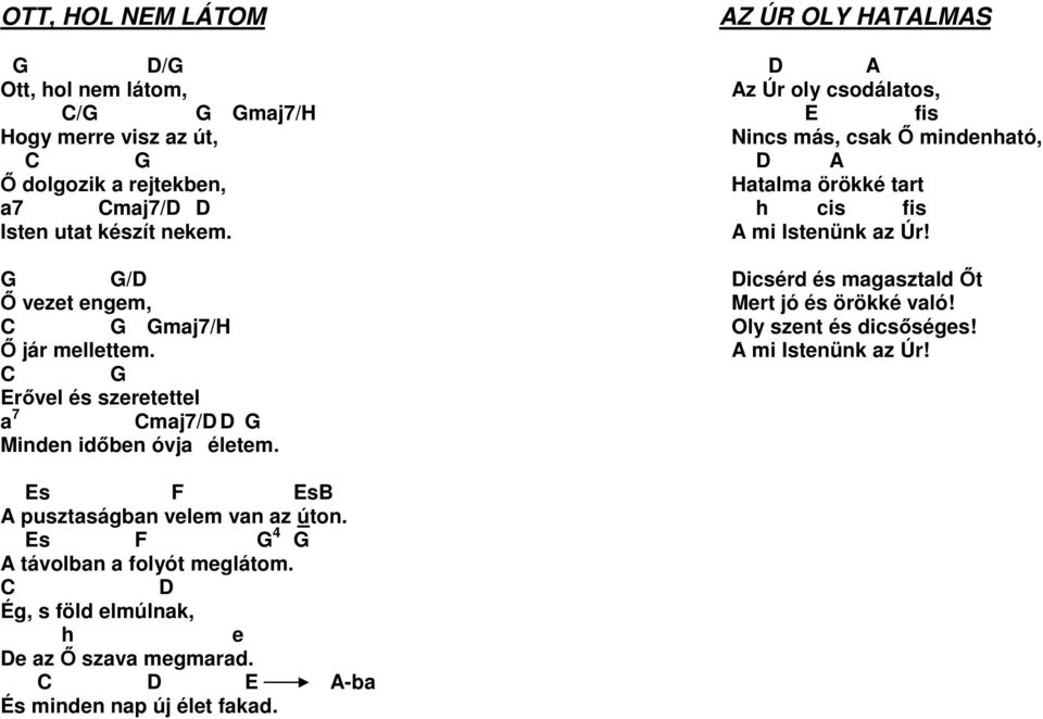 AZ ÚR OLY HATALMAS D A Az Úr oly csodálatos, E fis Nincs más, csak Ő mindenható, D A Hatalma örökké tart h cis fis A mi Istenünk az Úr!