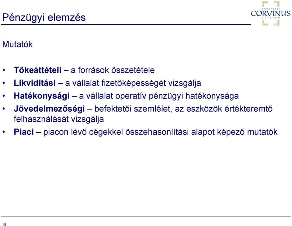 hatékonysága Jövedelmezőségi befektetői szemlélet, az eszközök értékteremtő