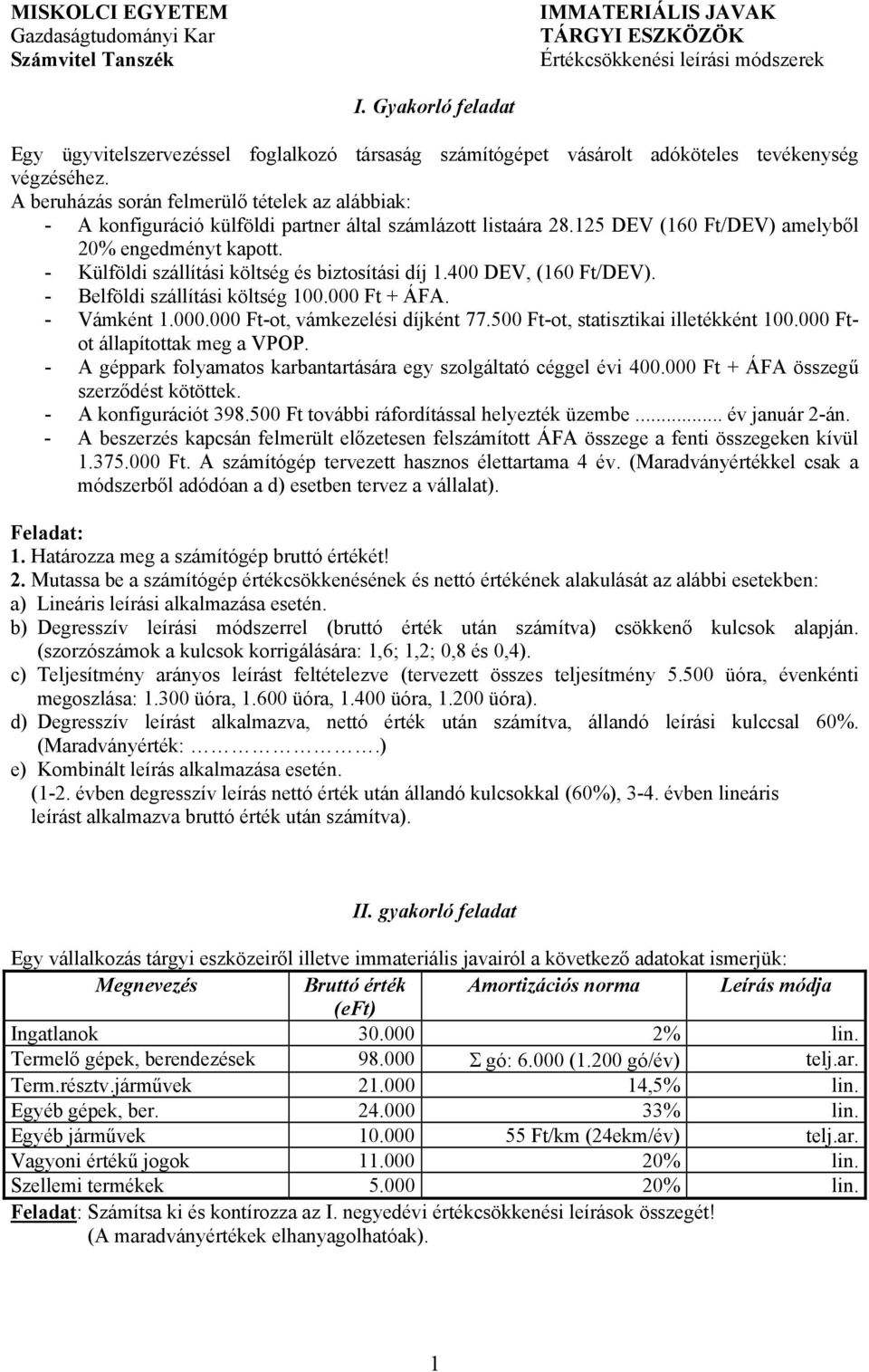 - Külföldi szállítási költség és biztosítási díj 1.400 DEV, (160 Ft/DEV). - Belföldi szállítási költség 100.000 Ft + ÁFA. - Vámként 1.000.000 Ft-ot, vámkezelési díjként 77.