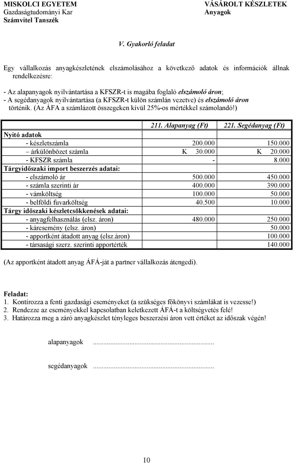 A segédanyagok nyilvántartása (a KFSZR-t külön számlán vezetve) és elszámoló áron történik. (Az ÁFA a számlázott összegeken kívül 25%-os mértékkel számolandó!) 211. Alapanyag (Ft) 221.