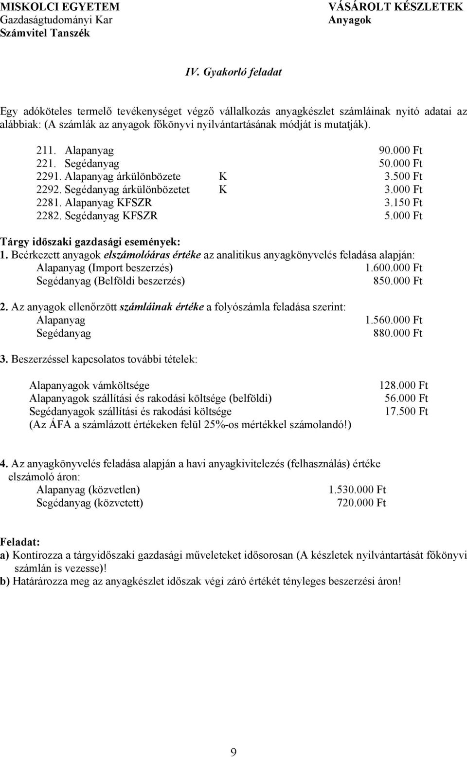 Alapanyag 90.000 Ft 221. Segédanyag 50.000 Ft 2291. Alapanyag árkülönbözete K 3.500 Ft 2292. Segédanyag árkülönbözetet K 3.000 Ft 2281. Alapanyag KFSZR 3.150 Ft 2282. Segédanyag KFSZR 5.