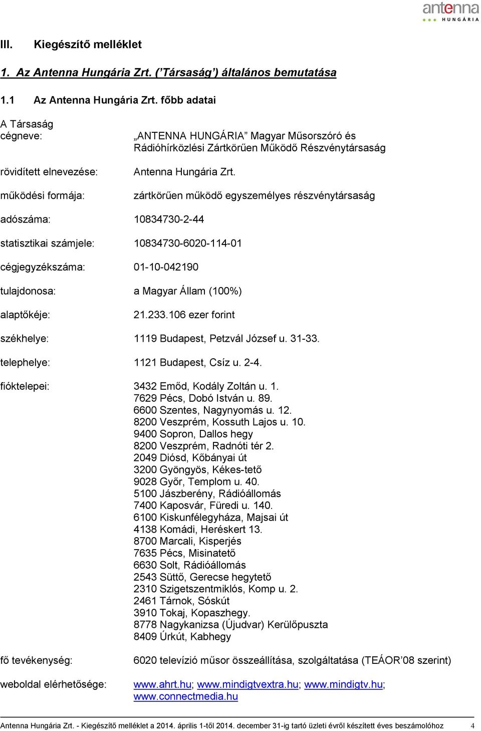 zártkörűen működő egyszemélyes részvénytársaság adószáma: 10834730-2-44 statisztikai számjele: 10834730-6020-114-01 cégjegyzékszáma: 01-10-042190 tulajdonosa: a Magyar Állam (100%) alaptőkéje: 21.233.