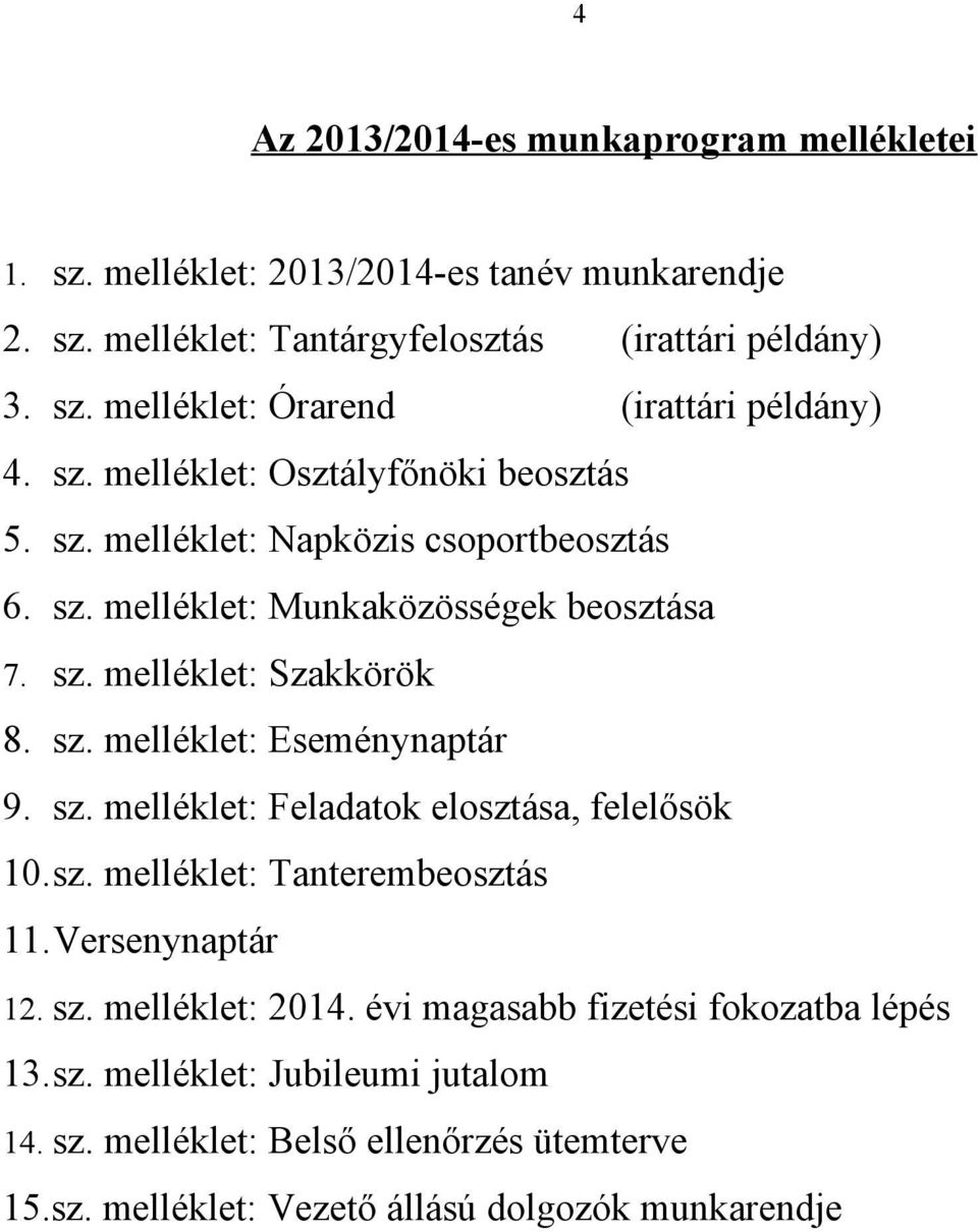 sz. melléklet: Feladatok elosztása, felelősök 10.sz. melléklet: Tanterembeosztás 11.Versenynaptár 12. sz. melléklet: 2014. évi magasabb fizetési fokozatba lépés 13.sz. melléklet: Jubileumi jutalom 14.