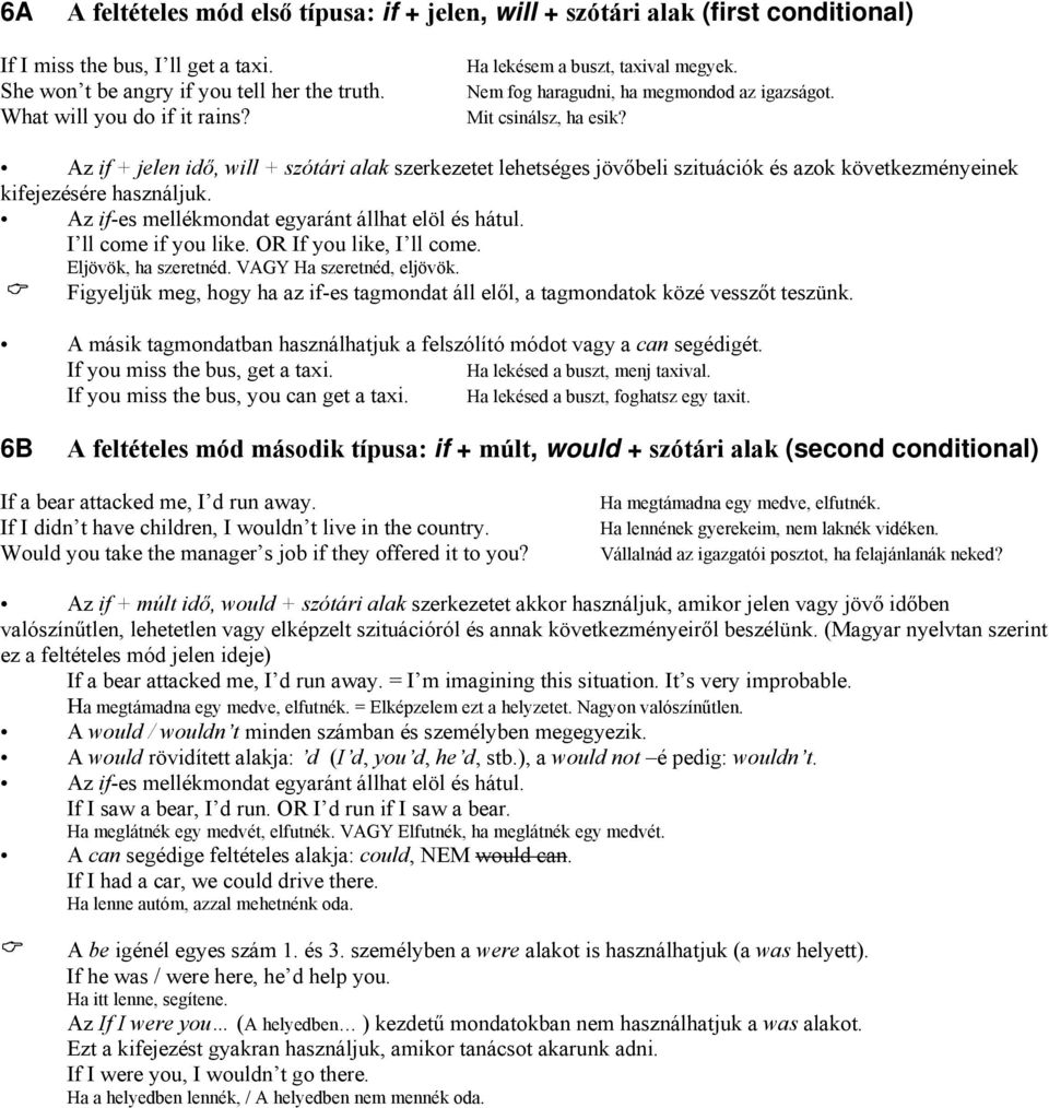Az if + jelen idő, will + szótári alak szerkezetet lehetséges jövőbeli szituációk és azok következményeinek kifejezésére használjuk. Az if-es mellékmondat egyaránt állhat elöl és hátul.