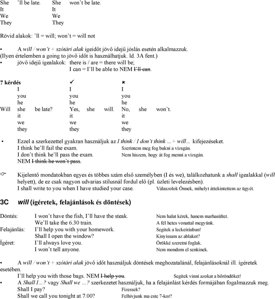 ? kérdés I I I you you you he he he Will she be late? Yes, she will. No, she won t.