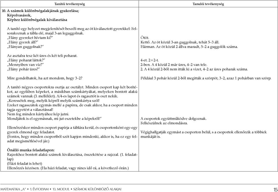 3-an leguggolnak. Hány gyereket hívtam ki? Hány gyerek áll? Hányan guggolnak? Az asztalra tesz két üres és két teli poharat. Hány poharat láttok? Mennyiben van víz? Hány pohár üres?