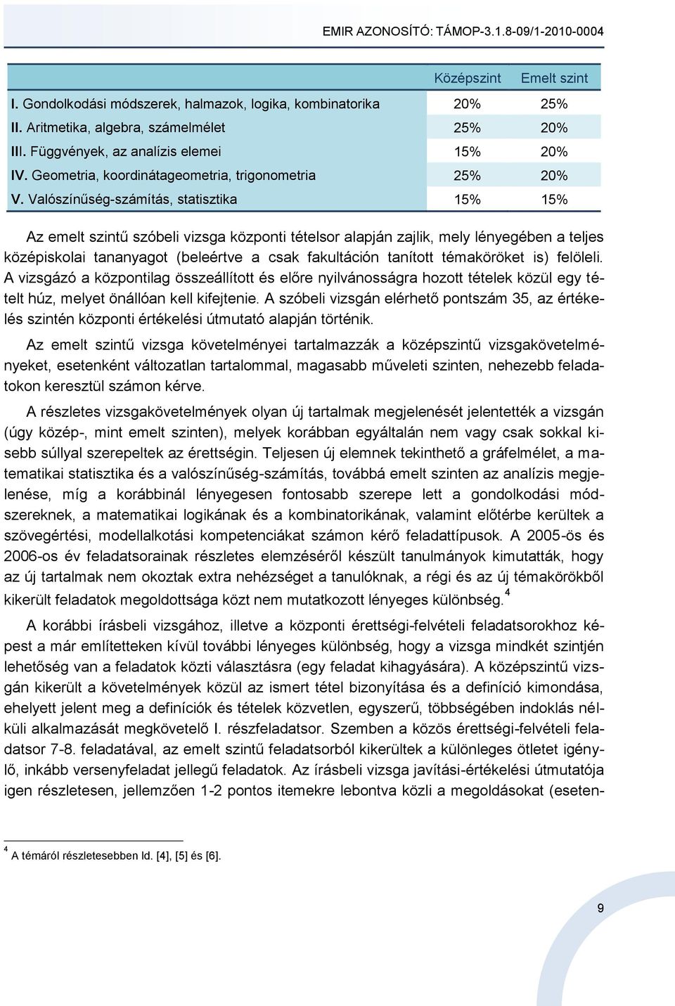 Valószínűség-számítás, statisztika 15% 15% Az emelt szintű szóbeli vizsga központi tételsor alapján zajlik, mely lényegében a teljes középiskolai tananyagot (beleértve a csak fakultáción tanított