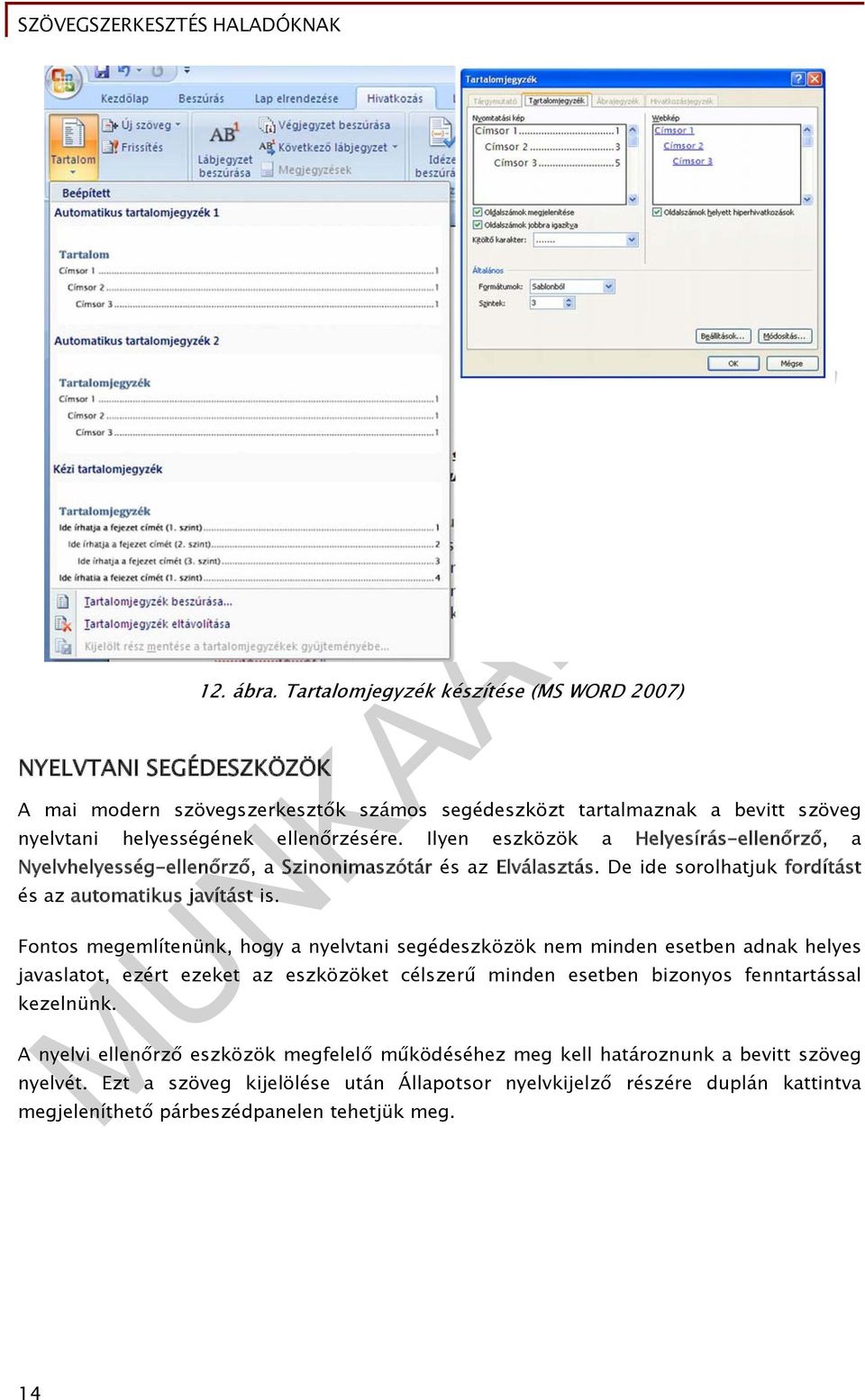 Ilyen eszközök a Helyesírás-ellenőrző, a Nyelvhelyesség-ellenőrző, a Szinonimaszótár és az Elválasztás. De ide sorolhatjuk fordítást és az automatikus javítást is.