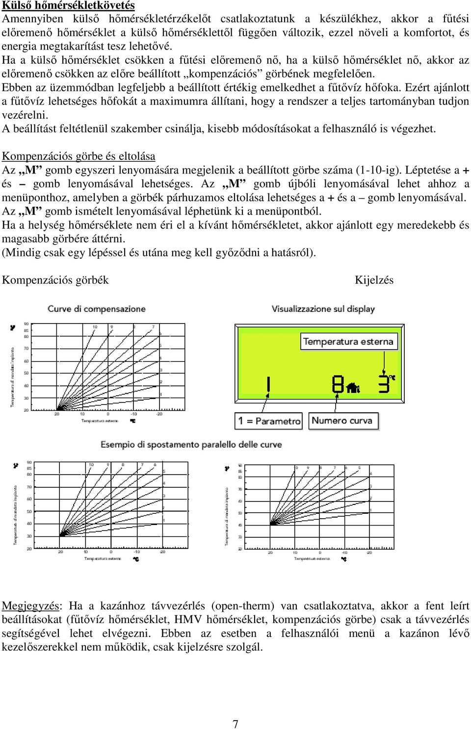 Ha a külsı hımérséklet csökken a főtési elıremenı nı, ha a külsı hımérséklet nı, akkor az elıremenı csökken az elıre beállított kompenzációs görbének megfelelıen.