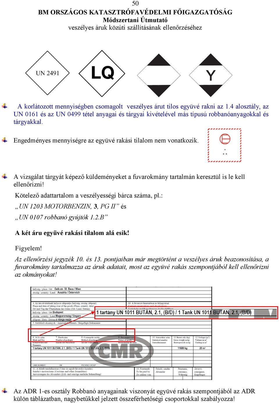 Kötelező adattartalom a veszélyességi bárca száma, pl.: UN 1203 MOTORBENZIN, 3, PG II és UN 0107 robbanó gyújtók 1.2.B A két áru együvé rakási tilalom alá esik! Figyelem! Az ellenőrzési jegyzék 10.