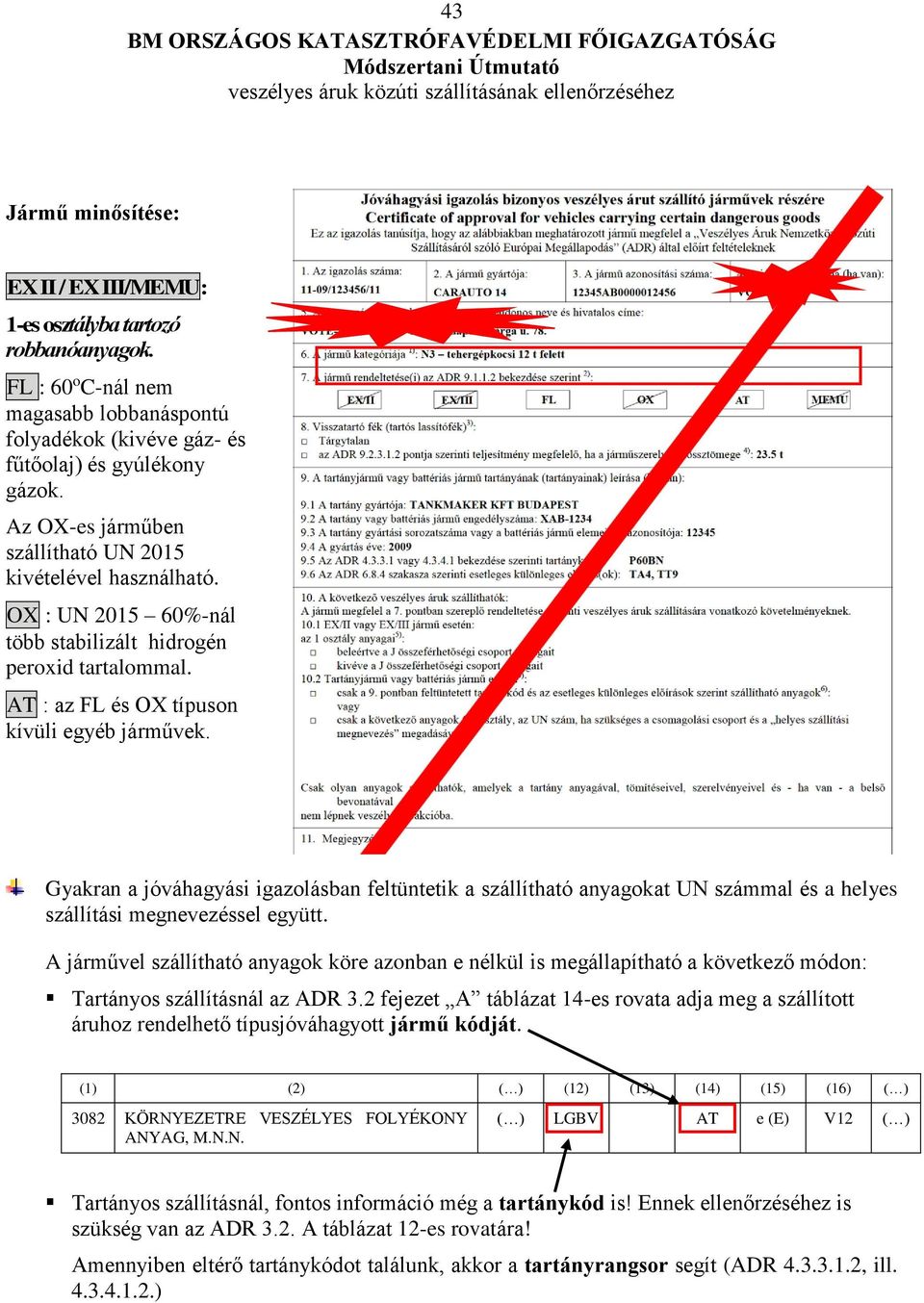 Gyakran a jóváhagyási igazolásban feltüntetik a szállítható anyagokat UN számmal és a helyes szállítási megnevezéssel együtt.