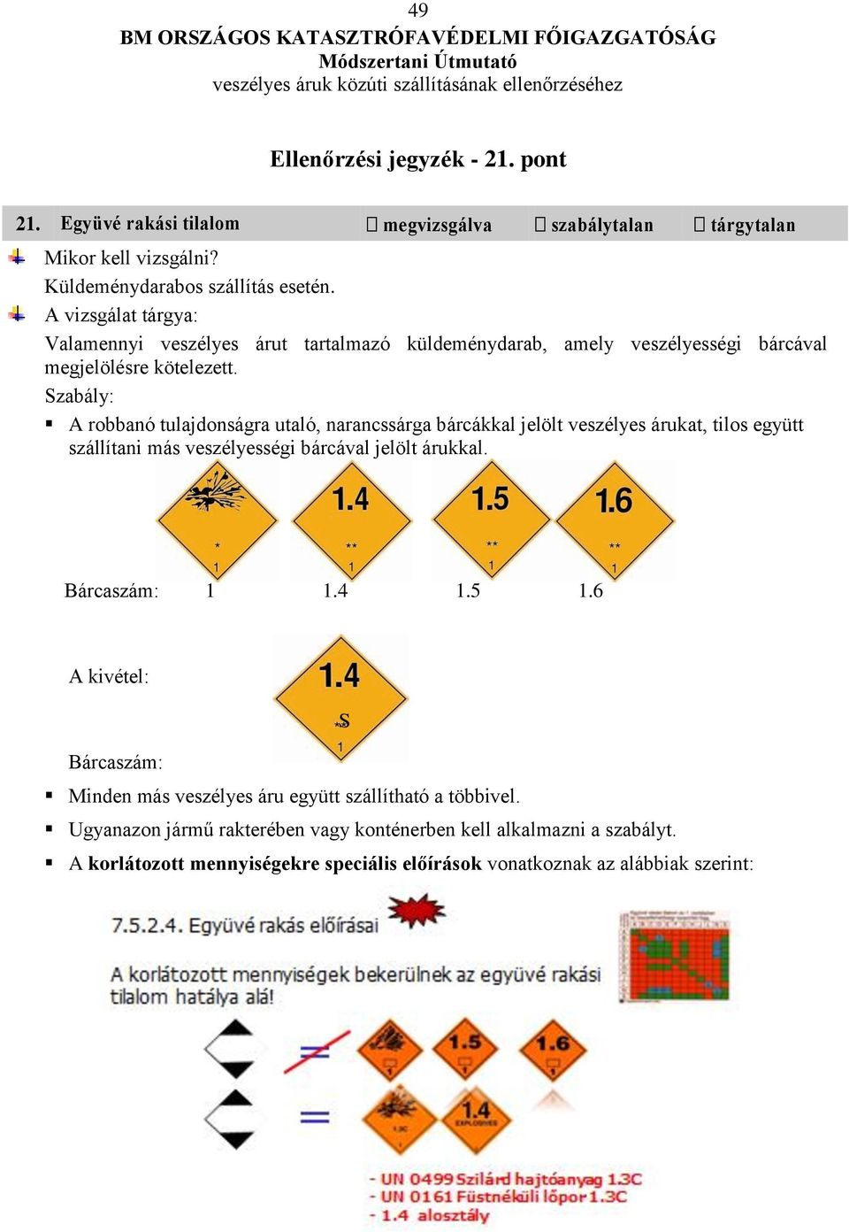 Szabály: A robbanó tulajdonságra utaló, narancssárga bárcákkal jelölt veszélyes árukat, tilos együtt szállítani más veszélyességi bárcával jelölt árukkal. Bárcaszám: 1 1.4 1.