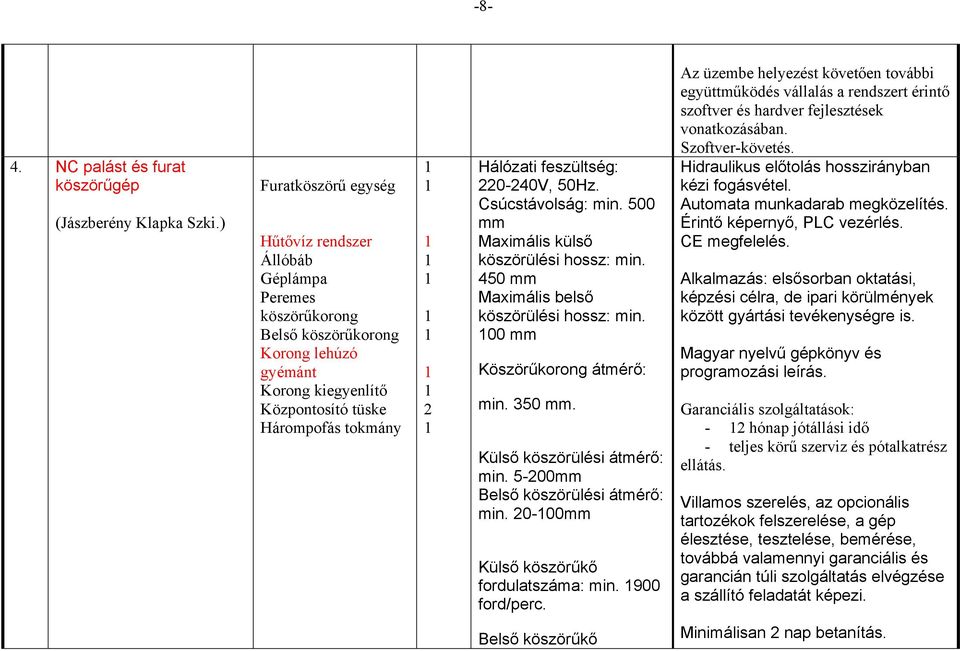 220-240V, 50Hz. Csúcstávolság: min. 500 mm Maximális külső köszörülési hossz: min. 450 mm Maximális belső köszörülési hossz: min. 00 mm Köszörűkorong átmérő: min. 350 mm.