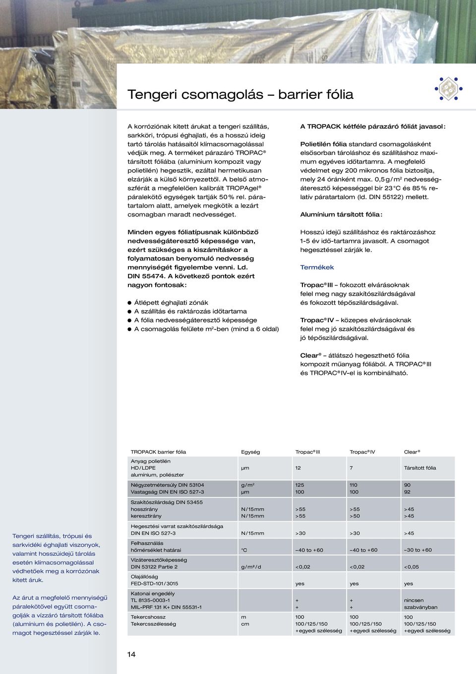 A belső atmoszférát a megfelelően kalibrált TROPAgel páralekötő egységek tartják 50 % rel. páratartalom alatt, amelyek megkötik a lezárt csomagban maradt nedvességet.