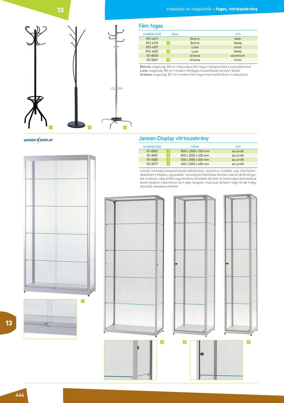 esernyőtartóval 4 akasztóval 3 Jansen-Display vitrinszekrény rendelési kód méret szín 0-808 000 x 000 x 500 mm alu profil 0-808 800 x 000 x 400 mm alu profil 0-8080 3 500 x 000 x 500 mm alu profil
