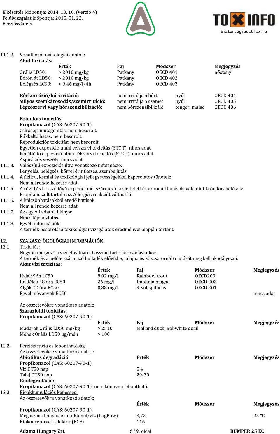 mg/l/4h Patkány OECD 403 Bőrkorrózió/bőrirritáció: nem irritálja a bőrt nyúl OECD 404 Súlyos szemkárosodás/szemirritáció: nem irritálja a szemet nyúl OECD 405 Légzőszervi vagy bőrszenzibilizáció: nem