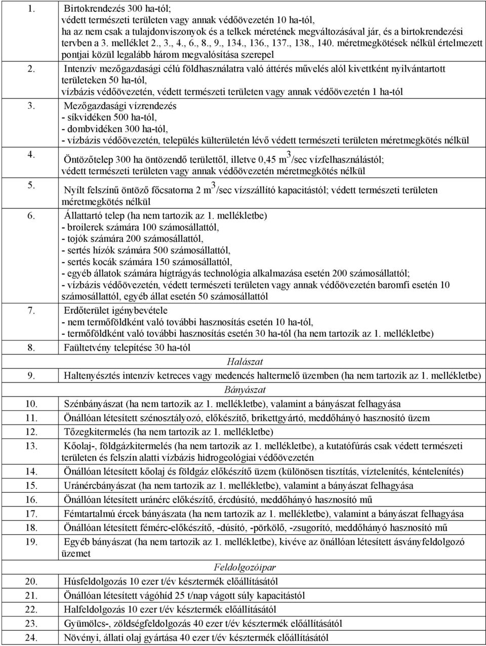 Intenzív mezőgazdasági célú földhasználatra való áttérés művelés alól kivettként nyilvántartott területeken 50 ha-tól, vízbázis védőövezetén, védett természeti területen vagy annak védőövezetén 1