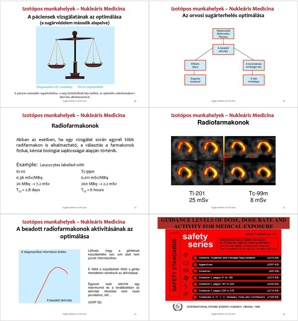 Diagnosztikai cél / eredmény Orvosi sugárterhelés Sugaras kockázat A kép minősége A páciens minimális sugárterhelése, a még kiértékelhető kép mellett, az optimális radiofarmakon / aktivitás