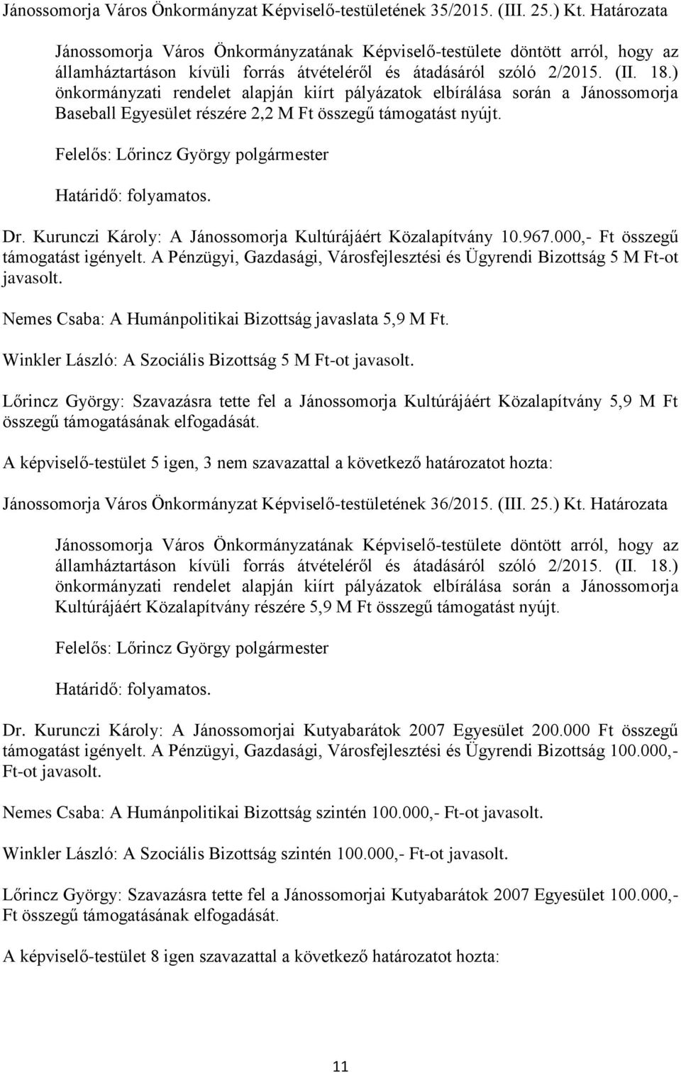 Kurunczi Károly: A Jánossomorja Kultúrájáért Közalapítvány 10.967.000,- Ft összegű támogatást igényelt. A Pénzügyi, Gazdasági, Városfejlesztési és Ügyrendi Bizottság 5 M Ft-ot javasolt.