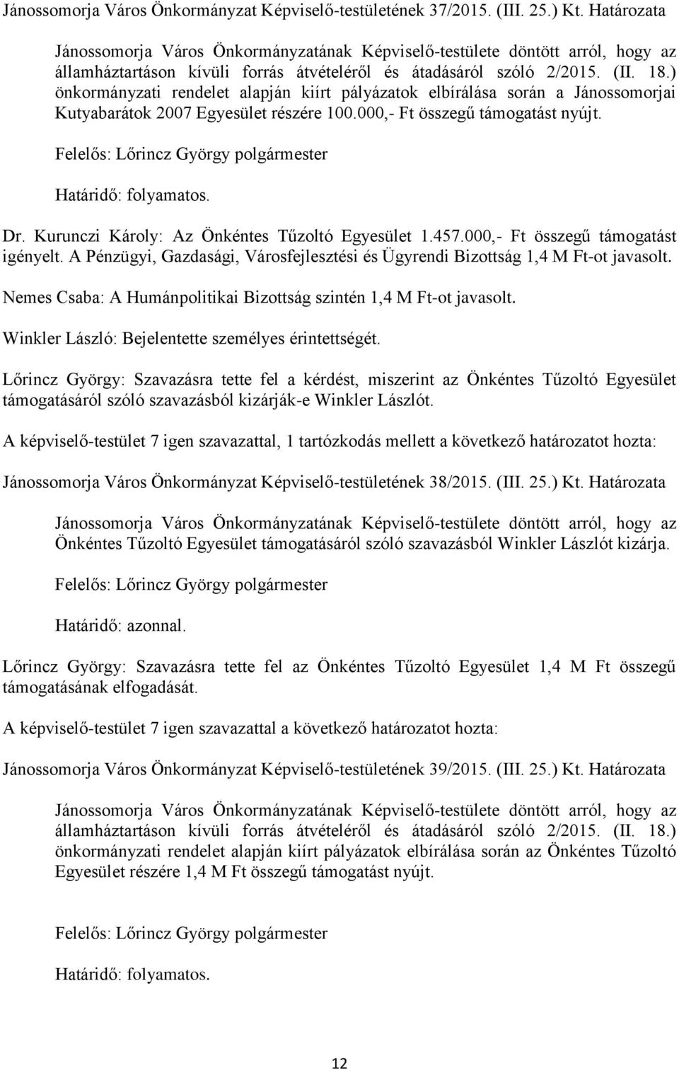 Kurunczi Károly: Az Önkéntes Tűzoltó Egyesület 1.457.000,- Ft összegű támogatást igényelt. A Pénzügyi, Gazdasági, Városfejlesztési és Ügyrendi Bizottság 1,4 M Ft-ot javasolt.