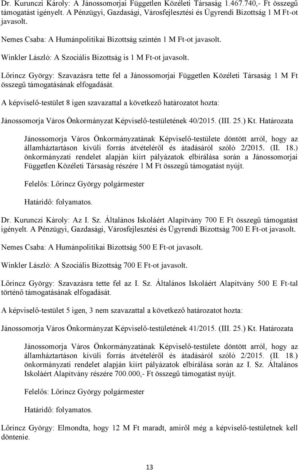 Lőrincz György: Szavazásra tette fel a Jánossomorjai Független Közéleti Társaság 1 M Ft összegű támogatásának elfogadását.