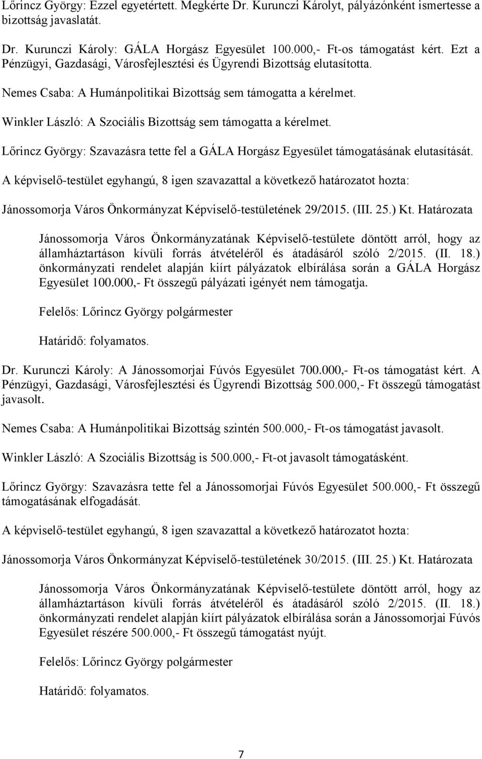 Winkler László: A Szociális Bizottság sem támogatta a kérelmet. Lőrincz György: Szavazásra tette fel a GÁLA Horgász Egyesület támogatásának elutasítását.