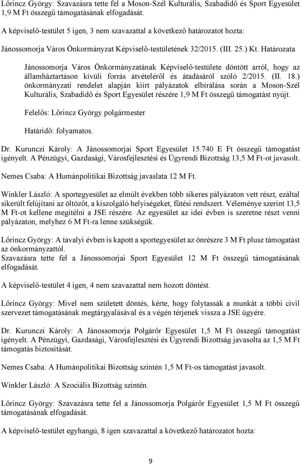 Határozata önkormányzati rendelet alapján kiírt pályázatok elbírálása során a Moson-Szél Kulturális, Szabadidő és Sport Egyesület részére 1,9 M Ft összegű támogatást nyújt. Dr.