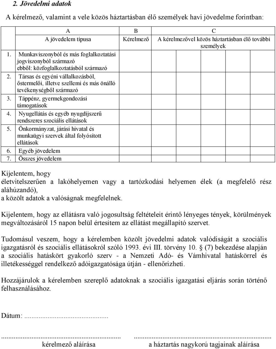 Társas és egyéni vállalkozásból, őstermelői, illetve szellemi és más önálló tevékenységből származó 3. Táppénz, gyermekgondozási támogatások 4.