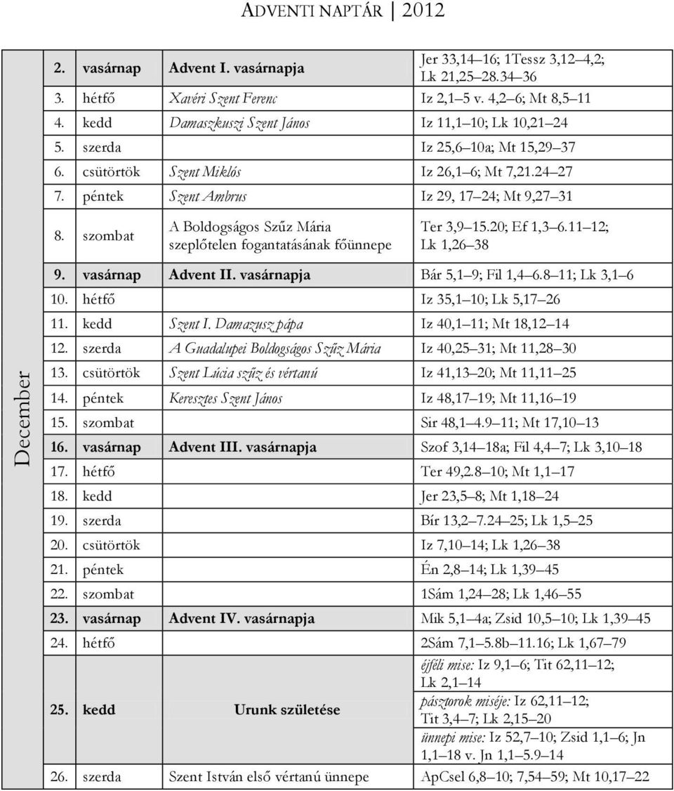 szombat A Boldogságos Szűz Mária szeplőtelen fogantatásának főünnepe Ter 3,9 15.20; Ef 1,3 6.11 12; Lk 1,26 38 9. vasárnap Advent II. vasárnapja Bár 5,1 9; Fil 1,4 6.8 11; Lk 3,1 6 10.