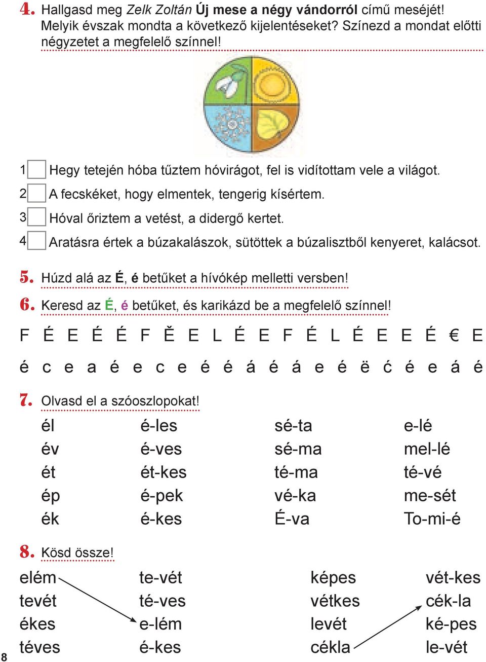 Aratásra értek a búzakalászok, sütöttek a búzalisztből kenyeret, kalácsot. 5. húzd alá az É, é betűket a hívókép melletti versben! 6. Keresd az É, é betűket, és karikázd be a megfelelő színnel!