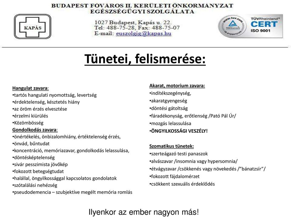 kapcsolatos gondolatok szótalálási nehézség pseudodemencia szubjektíve megélt memória romlás Akarat, motorium zavara: indítékszegénység, akaratgyengeség döntési gátoltság fáradékonyság, erőtlenség