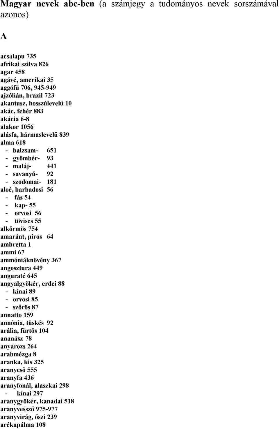 tövises 55 alkörmös 754 amaránt, piros 64 ambretta 1 ammi 67 ammóniáknövény 367 angosztura 449 anguraté 645 angyalgyökér, erdei 88 - kínai 89 - orvosi 85 - szőrös 87 annatto 159 annónia, tüskés 92