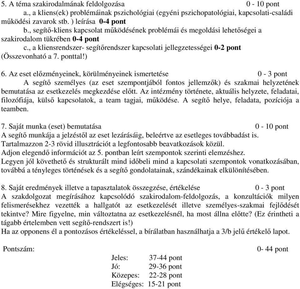 ponttal!) 6. Az eset előzményeinek, körülményeinek ismertetése 0-3 pont A segítő személyes (az eset szempontjából fontos jellemzők) és szakmai helyzetének bemutatása az esetkezelés megkezdése előtt.