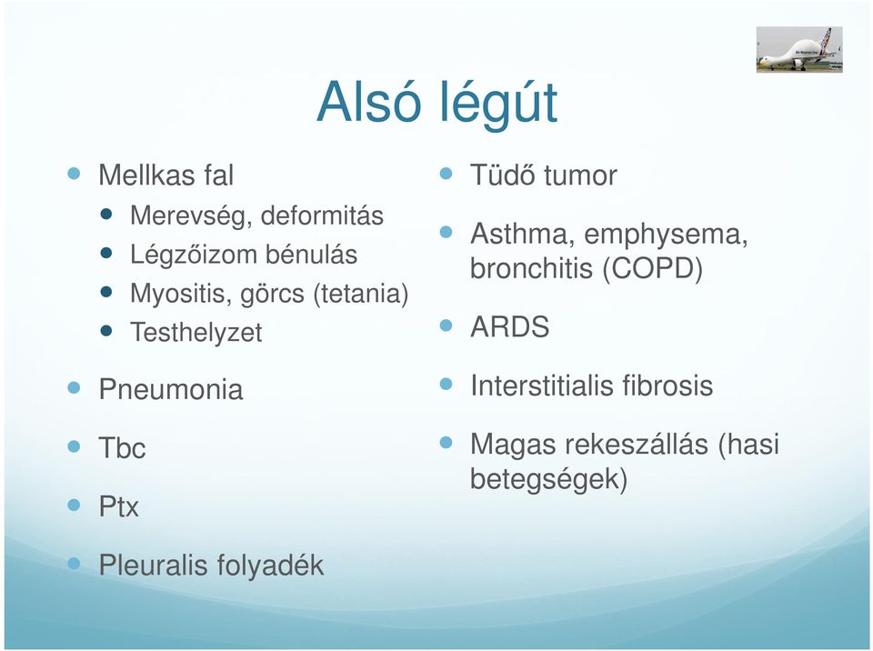 tumor Asthma, emphysema, bronchitis (COPD) ARDS Interstitialis