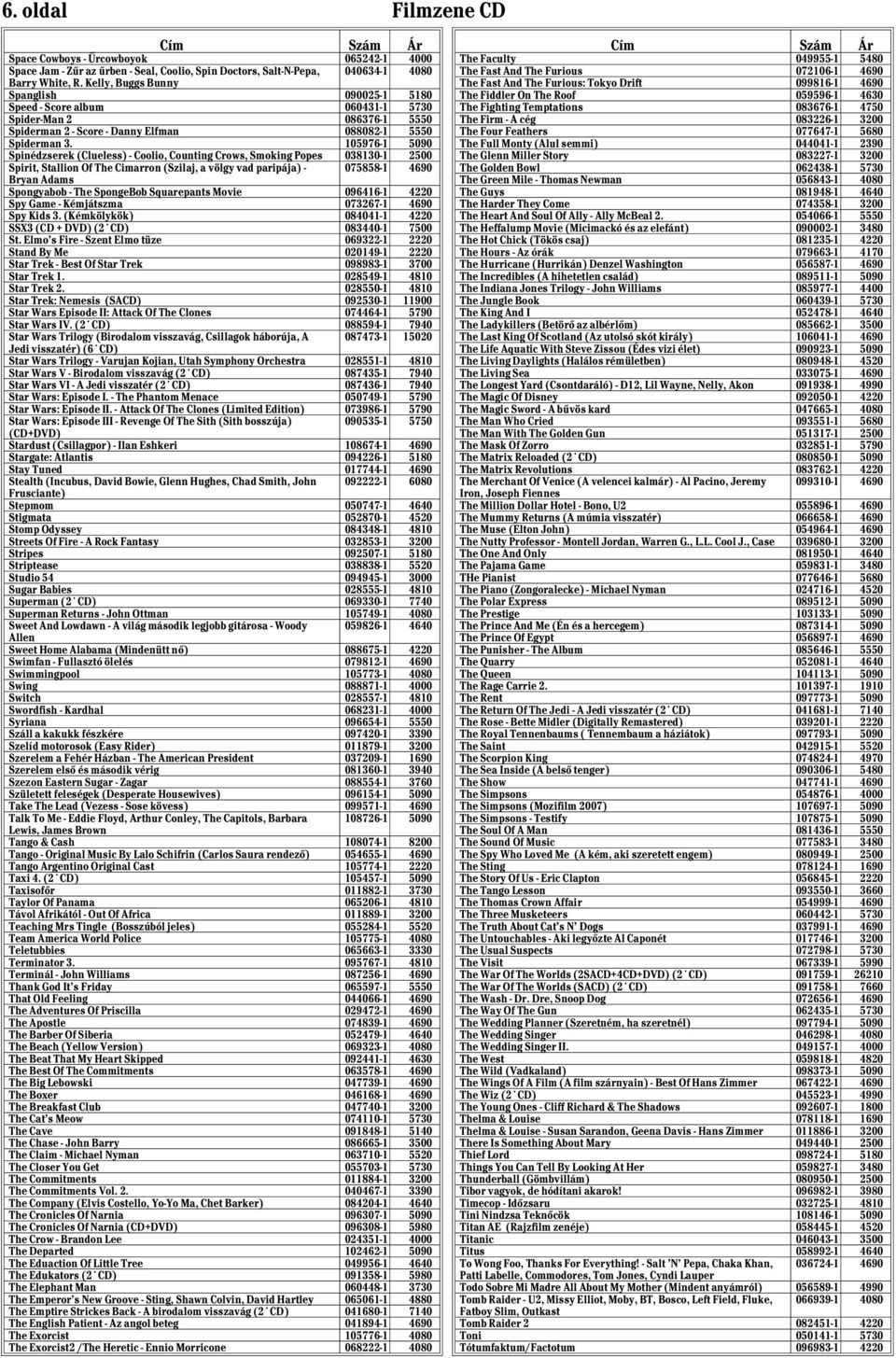 album 060431-1 5730 The Fighting Temptations 083676-1 4750 Spider-Man 2 086376-1 5550 The Firm - A cég 083226-1 3200 Spiderman 2 - Score - Danny Elfman 088082-1 5550 The Four Feathers 077647-1 5680