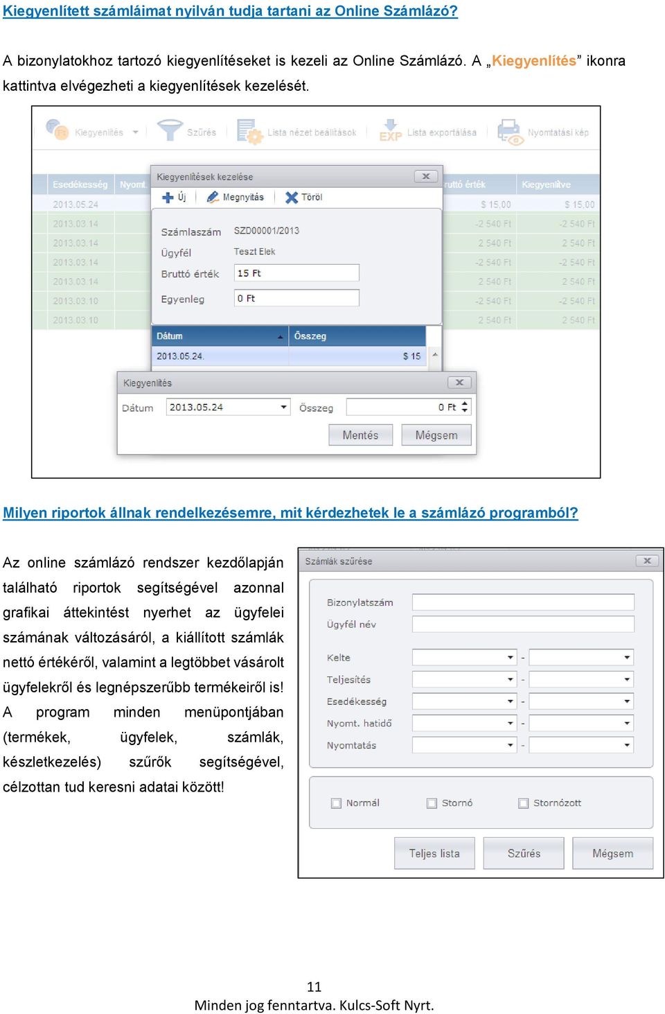 Az online számlázó rendszer kezdőlapján található riportok segítségével azonnal grafikai áttekintést nyerhet az ügyfelei számának változásáról, a kiállított számlák nettó