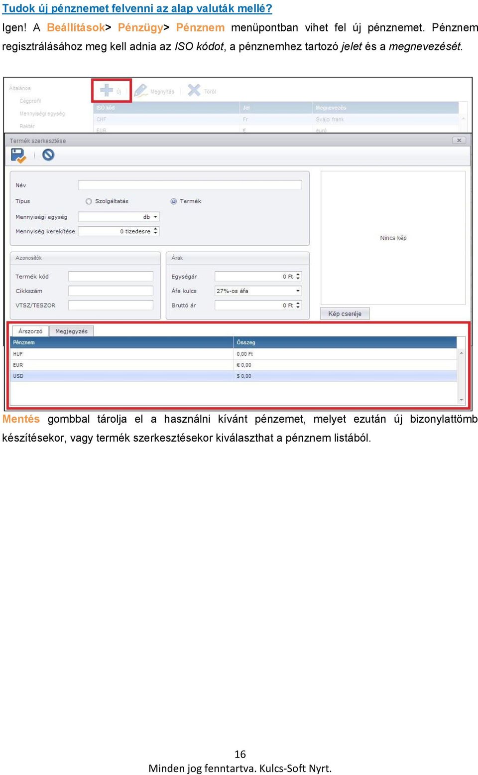 Pénznem regisztrálásához meg kell adnia az ISO kódot, a pénznemhez tartozó jelet és a