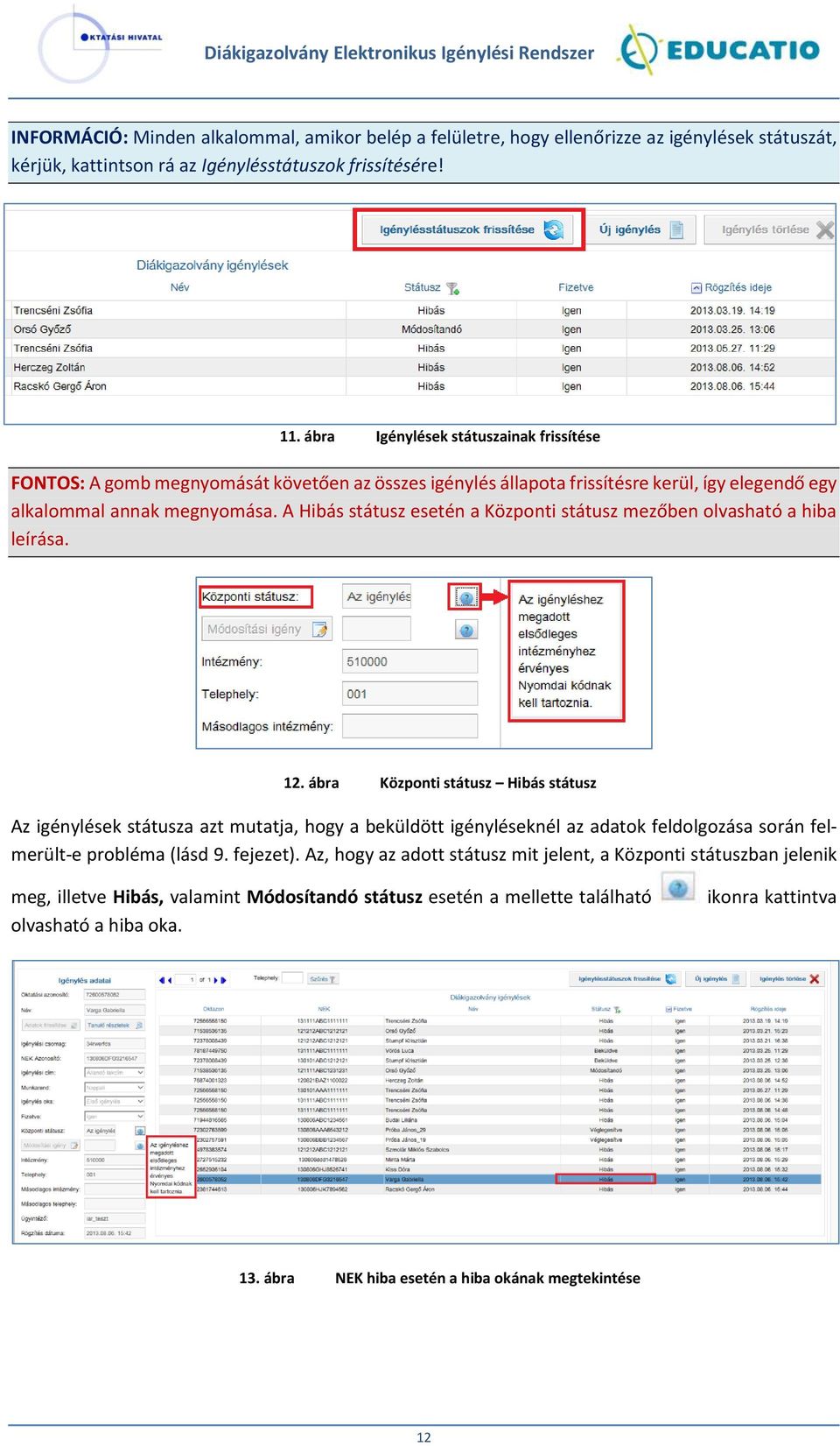 A Hibás státusz esetén a Központi státusz mezőben olvasható a hiba leírása. 12.