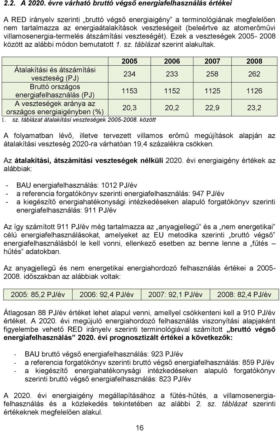 atomerőművi villamosenergia-termelés átszámítási veszteségét). Ezek a veszteségek 2005-2008 között az alábbi módon bemutatott 1. sz. táblázat szerint alakultak.