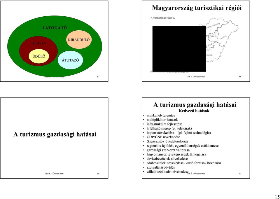 - Ökoturizmus 59 A turizmus gazdasági hatásai Kedvező hatások munkahelyteremtés multiplikátor-hatások infrastruktúra fejlesztése árfelhajtó szerep (pl. telekárak) import növekedése (pl.