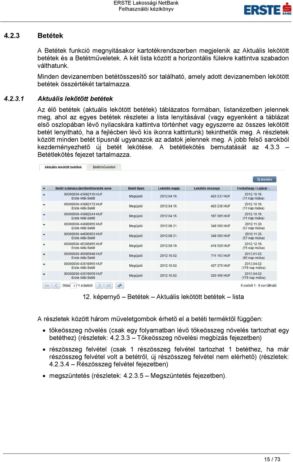 1 Aktuális lekötött betétek Az élő betétek (aktuális lekötött betétek) táblázatos formában, listanézetben jelennek meg, ahol az egyes betétek részletei a lista lenyitásával (vagy egyenként a táblázat