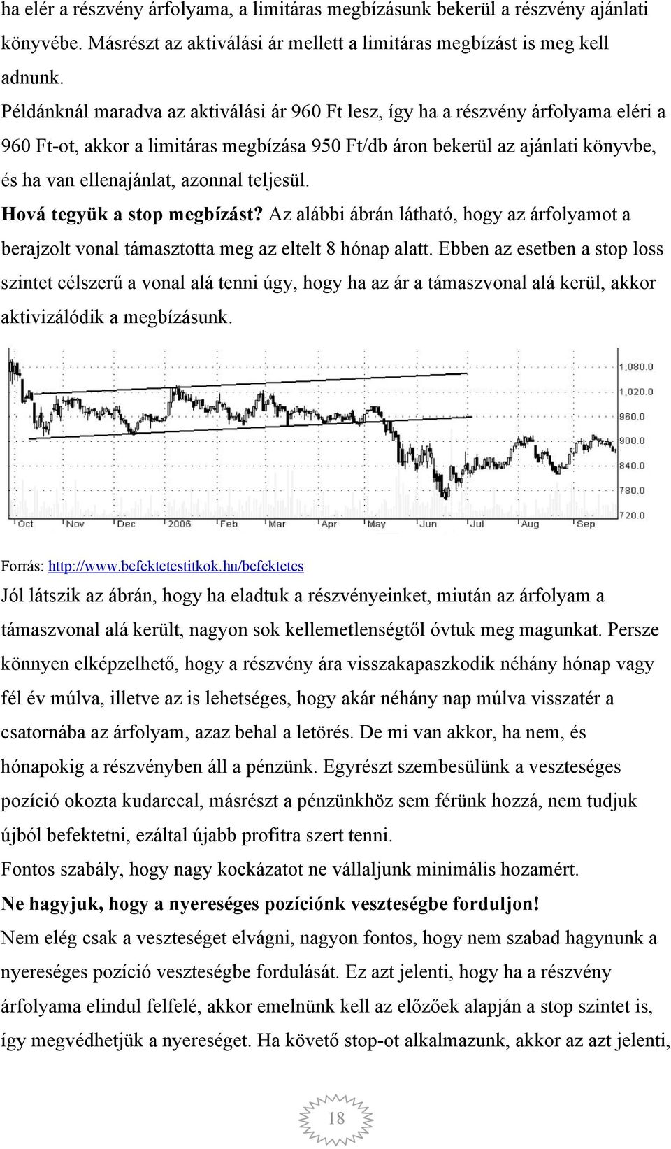 teljesül. Hová tegyük a stop megbízást? Az alábbi ábrán látható, hogy az árfolyamot a berajzolt vonal támasztotta meg az eltelt 8 hónap alatt.