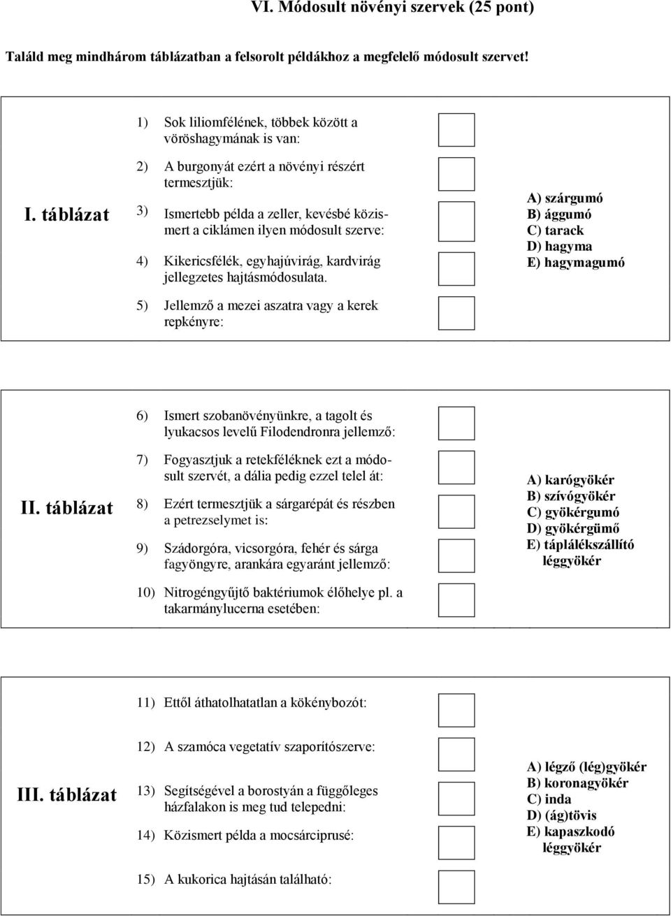 táblázat 3) Ismertebb példa a zeller, kevésbé közismert a ciklámen ilyen módosult szerve: 4) Kikericsfélék, egyhajúvirág, kardvirág jellegzetes hajtásmódosulata.