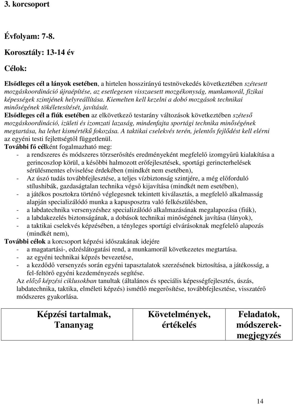munkamorál, fizikai képességek szintjének helyreállítása. Kiemelten kell kezelni a dobó mozgások technikai minőségének tökéletesítését, javítását.