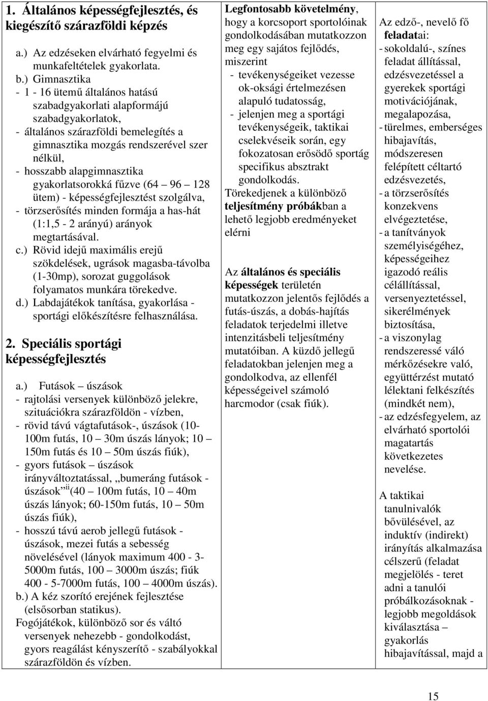 alapgimnasztika gyakorlatsorokká fűzve (64 96 128 ütem) - képességfejlesztést szolgálva, - törzserősítés minden formája a has-hát (1:1,5-2 arányú) arányok megtartásával. c.