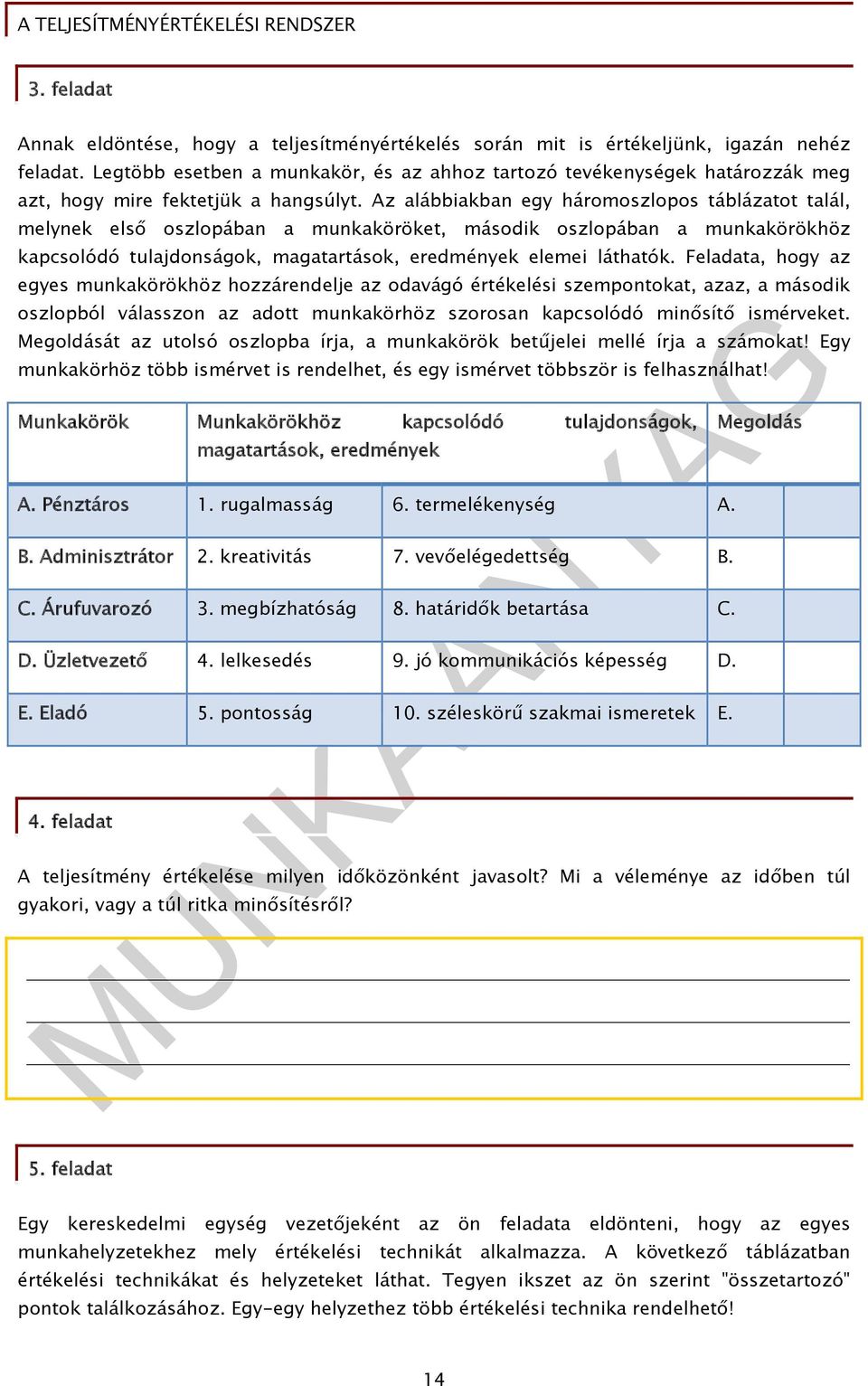 Az alábbiakban egy háromoszlopos táblázatot talál, melynek első oszlopában a munkaköröket, második oszlopában a munkakörökhöz kapcsolódó tulajdonságok, magatartások, eredmények elemei láthatók.