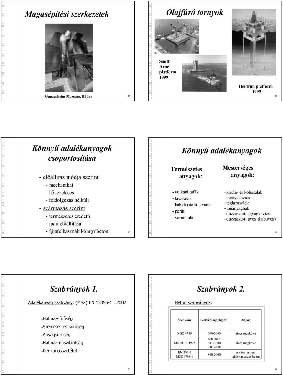 vermikulit Mesterséges anyagok: kazán- és kohósalak pernyekavics téglazúzalék műanyaghab duzzasztott agyagkavics duzzasztott üveg (habüveg) - újrafelhasznált könnyűbeton 27 28 Szabványok 1.