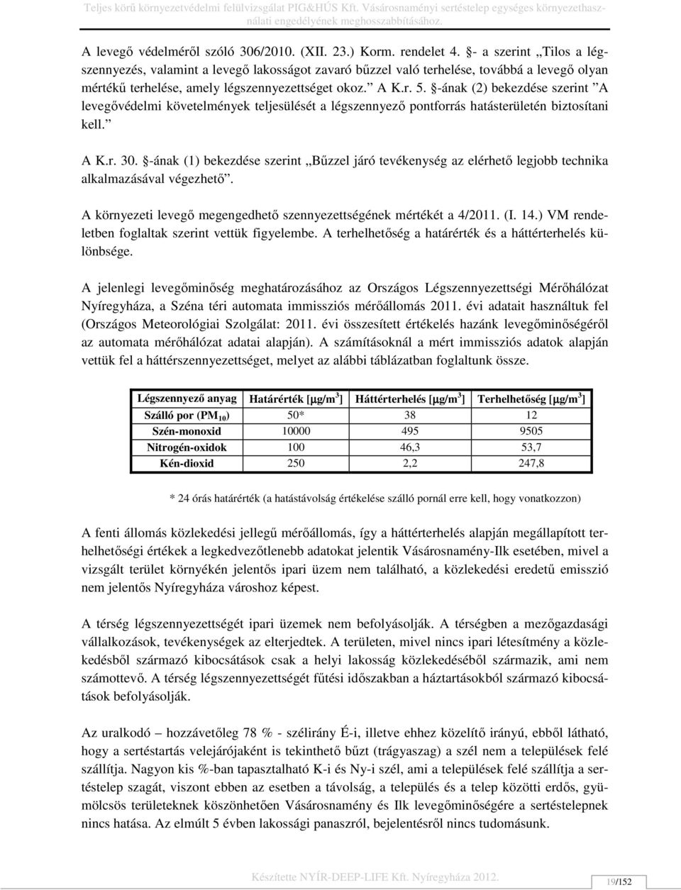 -ának (2) bekezdése szerint A levegővédelmi követelmények teljesülését a légszennyező pontforrás hatásterületén biztosítani kell. A K.r. 30.